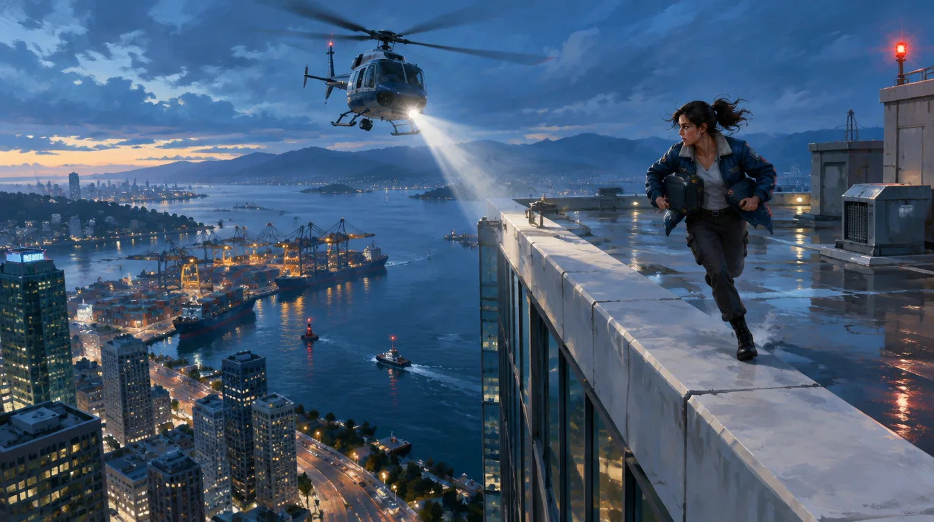 Rae berlari di tepi atap menara kaca sambil memeluk koper dokumen, helikopter menyorotkan lampu, pelabuhan dan teluk di bawah saat senja biru.