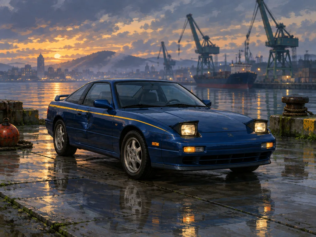 Brisk GT, coupe biru pelabuhan dengan lampu depan terangkat dan garis kuning tipis, di dermaga basah saat senja.