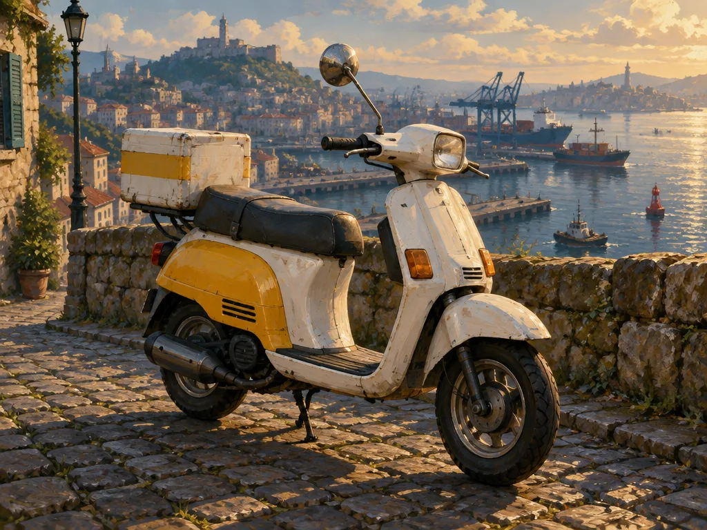 Vesper 125, skuter putih dengan panel kuning dan kotak antar di belakang, di jalan berbatu dengan pelabuhan di bawah.